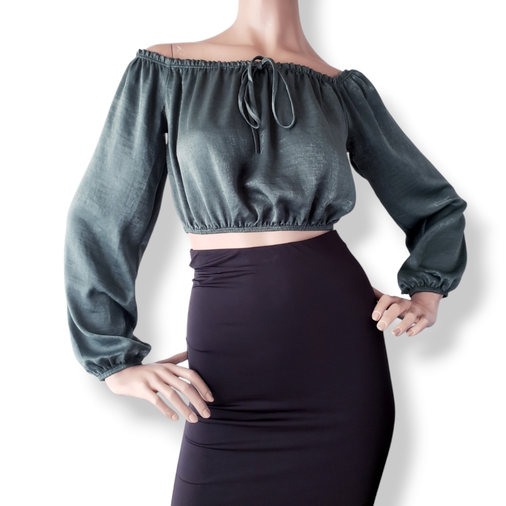 Green Satin Off Shoulder Crop Top by Mocking Jay